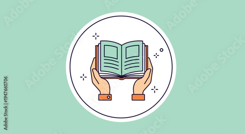 Hands holding an open book within a white circle on a light teal background represents the importance of literacy, study, and reading.