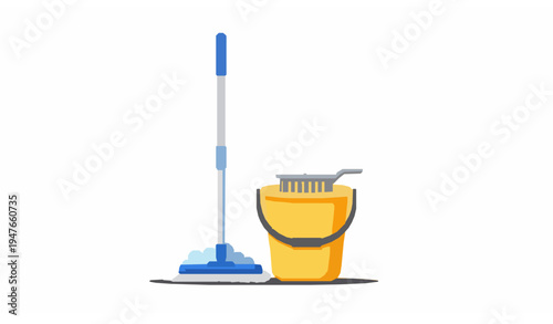 Floor mop and bucket cleaning tools flat vector illustration isolated household cleaning equipment set