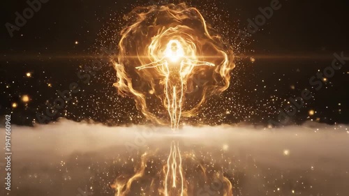 Ethereal Golden Being Ascends Amidst Cosmic Energy and Light