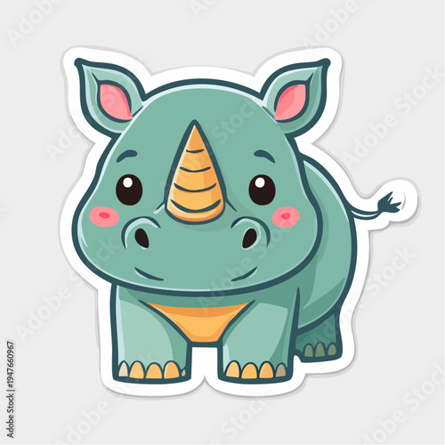 Charming pastel illustration of a cute kawaii baby rhino, an adorable cartoon character perfect for stickers, children's designs, and cheerful animal themes