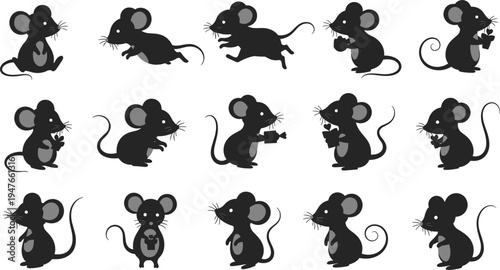 Collection of fifteen cartoon mouse silhouette illustrations in playful poses and activities for animal and vector design projects