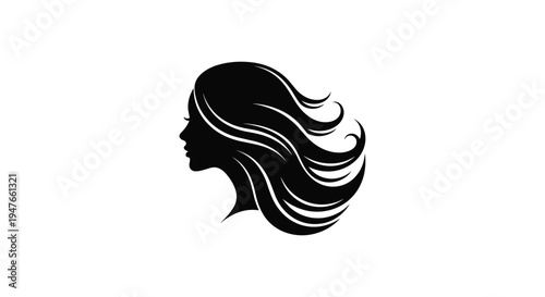 Elegant silhouette of a woman's profile with long beautiful flowing hair against a white background for beauty and hair salon concepts.