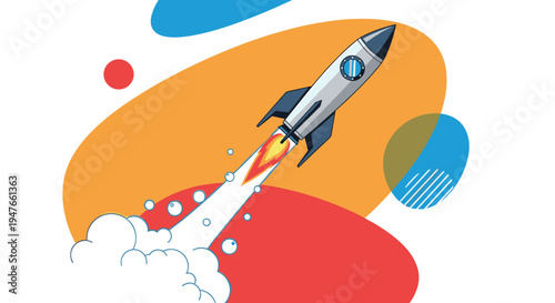 Dynamic illustration of a space rocket launching upwards with fire and smoke trails against a background of colorful abstract shapes.