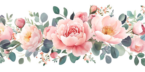 Delicate Watercolor Pink Peonies and Eucalyptus Border Arrangement Soft Romantic Floral Wedding Invitation Background