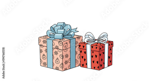 Two beautifully wrapped gift boxes with decorative ribbons and bows for birthday, christmas, or special anniversary celebrations.