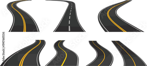 Curved asphalt road highway vector icon set with yellow and white markings for city navigation