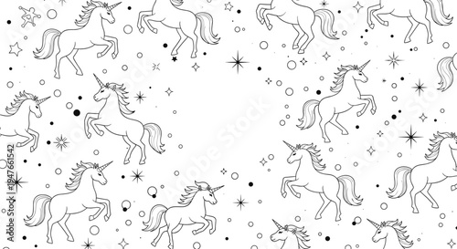 Whimsical line art pattern of leaping unicorns surrounded by stars and circles on a white background for fairy tale themes.