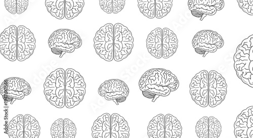 Seamless pattern of detailed human brain sketches shown from various perspectives on a clean white background for medical study.