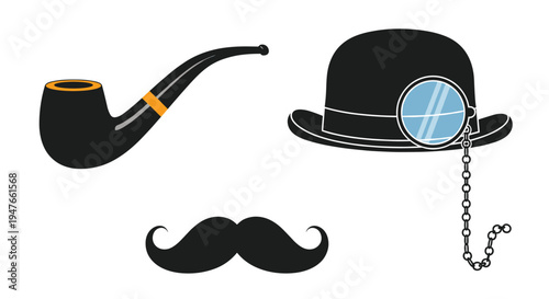 Classic gentleman accessories including a black pipe, bowler hat with monocle, and a dapper mustache for detective or vintage themes.