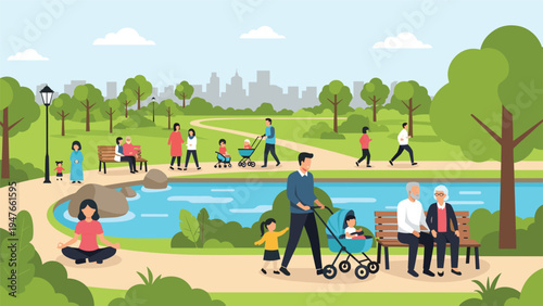 Vibrant city park scene shows families walking, children playing, and a woman meditating near a peaceful blue pond.