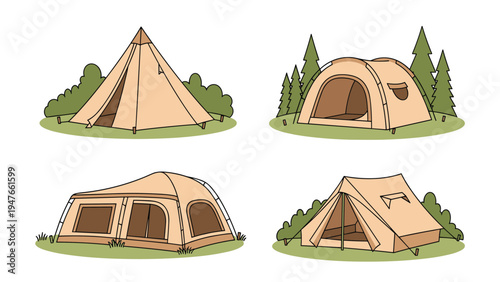 Set of four distinct camping tent styles including a tipi, a dome, and a tunnel tent for outdoor adventure activities.
