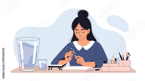 Artistic woman sitting at a table and drawing or painting while surrounded by glasses of water and various creative tools.