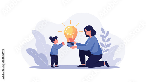 Mother kneeling down and giving a bright glowing light bulb representing a creative idea to her small child in a clean space.