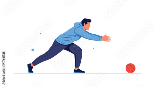 Athlete in a blue hoodie and sweatpants reaching for a basketball during a sports exercise or game on a white background.