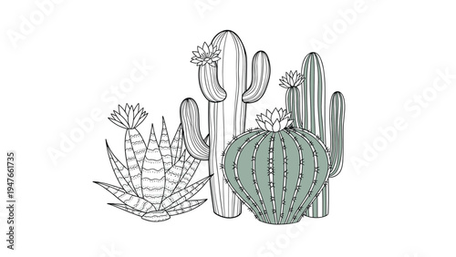 Collection of various cactus species and an aloe vera plant with flowers drawn in a detailed green line art style on white.