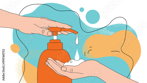 Person dispensing white soap foam from an orange pump bottle into their palm for hand hygiene and germ protection concepts.