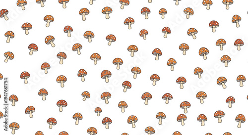 Hand drawn mushroom pattern features cute orange and brown fungi scattered across a clean white background for nature themed designs.