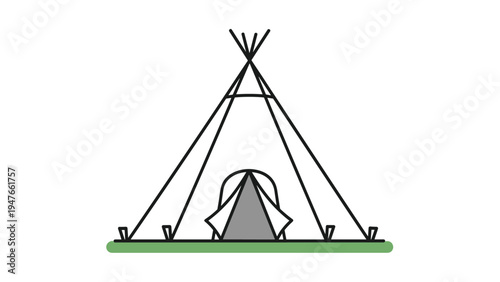Minimalist outline of a traditional tipi tent situated on a green patch of grass against a clean white background.