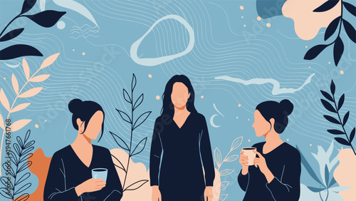 Group of elegant women in dark attire stand amidst stylized botanical elements on a soft blue decorative background.