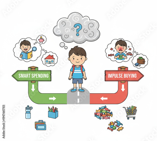 Young boy's financial dilemma Choosing between smart spending habits for future goals and the immediate temptation of impulse buying