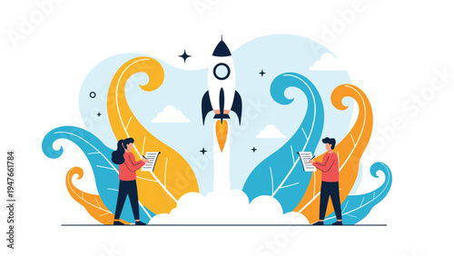 Successful rocket launch signifies a business startup takeoff while professionals track progress and record data on clipboards.