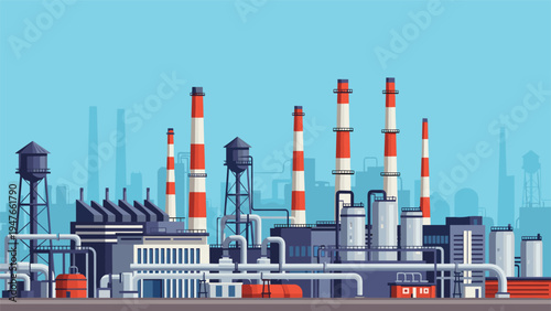 Massive industrial factory complex with numerous smokestacks and piping systems stands against a clear blue sky background.
