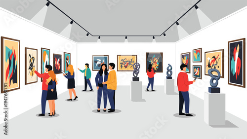 Diverse visitors explore a modern art gallery filled with colorful abstract paintings and unique sculptures on white pedestals.