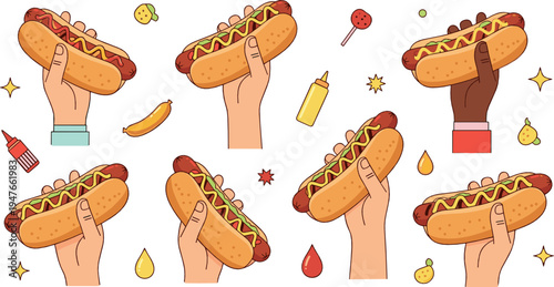Hands holding hot dogs collection with street food sandwiches and condiments illustration set