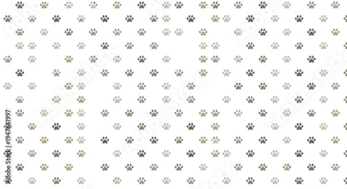 Colorful animal paw print pattern featuring small dog and cat tracks in brown and teal shades scattered randomly on a white background.