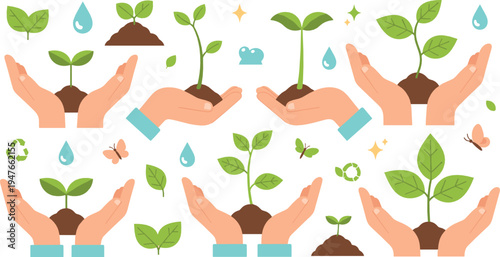 Hands Holding Plant Seedlings Vector Collection with Eco Growth Sustainability Nature Care Environmental Illustration Set