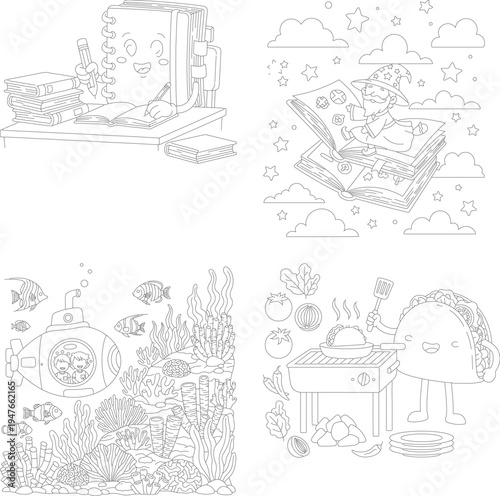 Kids coloring book pages collection: robot office, story time, underwater submarine & taco cooking, coloring page, line art