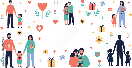 Happy family love moments vector illustration set featuring parents and children bonding, gifts, hearts, parenting care and joyful family relationship scenes