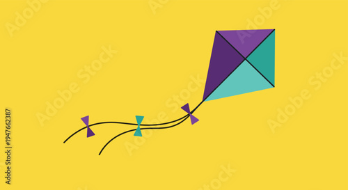 Vibrant purple and teal kite with a long tail flies across a solid yellow background capturing the joy of summer outdoor activities.