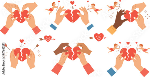 Hands holding broken heart vector set with cupid arrows, love heartbreak concept, relationship breakup and romantic emotion cartoon illustration
