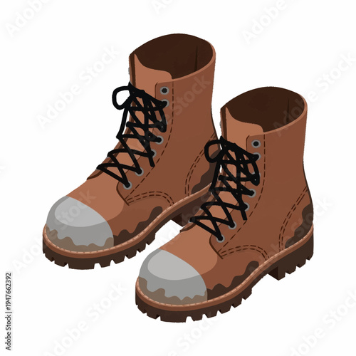 Illustration of a pair of brown hiking boots with black laces.