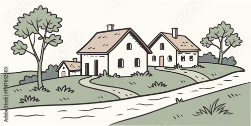 A white house with a brown roof and a tree Vector