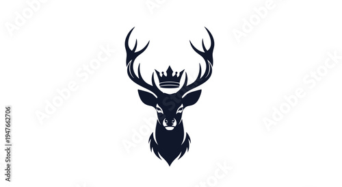 Majestic deer head silhouette with a royal crown between its antlers symbolizing leadership power and wilderness authority on white background.