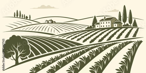 A serene vineyard landscape with rolling hills and a farmhouse Vector