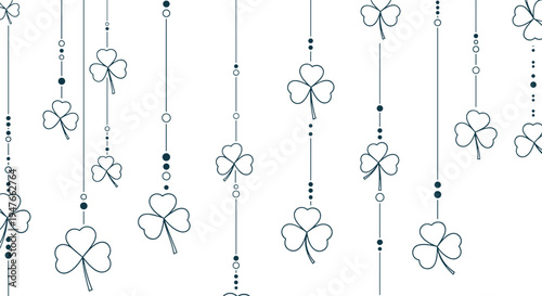 Decorative pattern featuring hanging green shamrocks and clover leaves on vertical lines for saint patricks day celebration and luck themes.