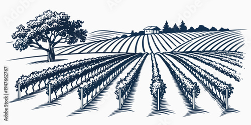 People working in a vineyard with a tree Vector
