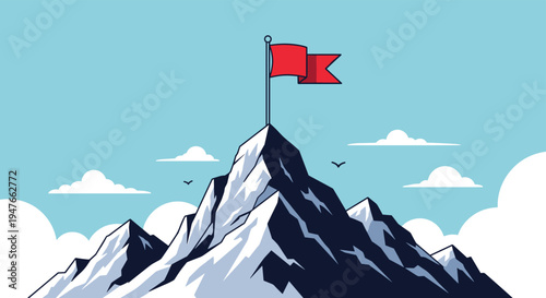 Red flag planted on the peak of a snowy mountain representing achievement of goals success and reaching the top of career milestones.
