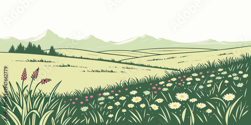A green field with flowers and mountains in the background Vector