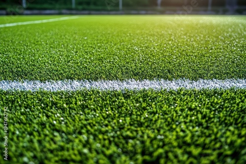 Close-up of vibrant green artificial turf with a white field line and warm sunlight, sparkling blades and calm anticipation before play