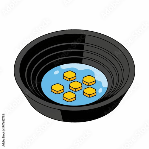 Illustration of a black gold pan with water and gold nuggets inside.