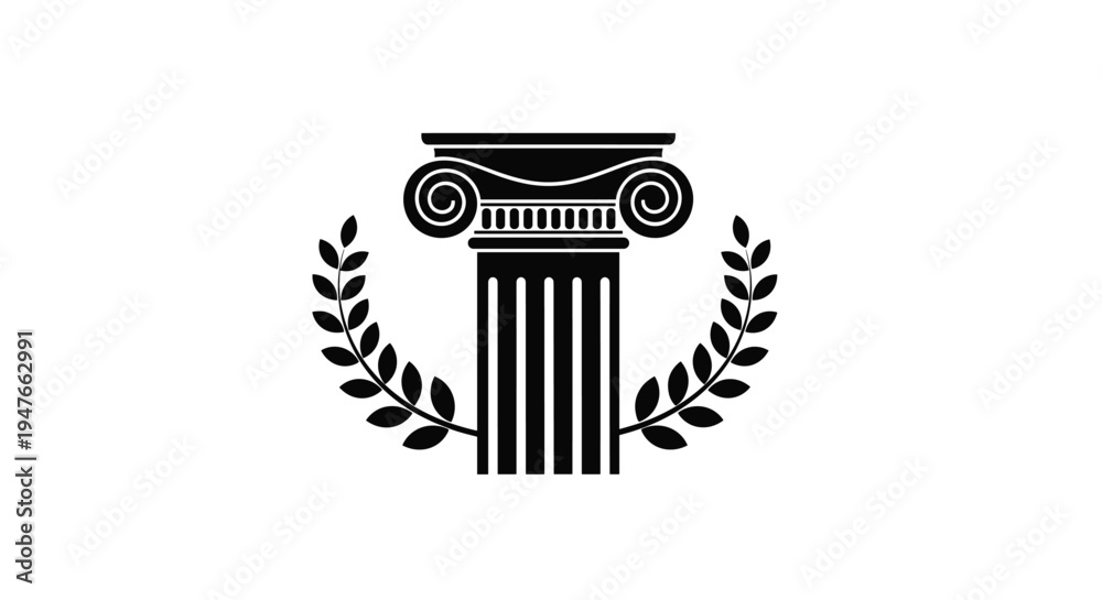 Obraz premium Classical greek ionic column silhouette framed by a symmetrical laurel wreath symbolizing law justice wisdom and academic heritage.