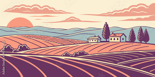 A serene countryside landscape with a house and vineyard at sunset Vector