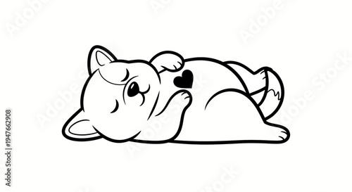 Cute black and white illustration of a French bulldog puppy lying on its back with a heart on its belly