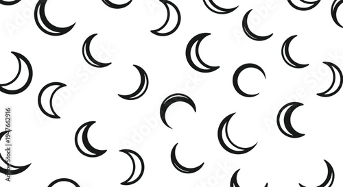 Minimalist pattern of hand drawn black crescent moons scattered on a white background suitable for mystical and night sky theme designs.