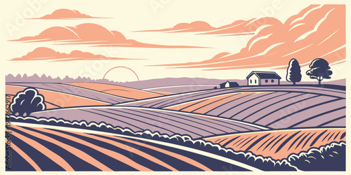 A farm landscape with a barn and fields Vector
