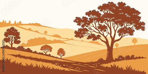 A serene landscape with trees on a hillside Vector